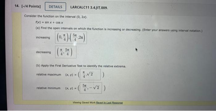Solved Consider the function on the interval (0,2π). | Chegg.com