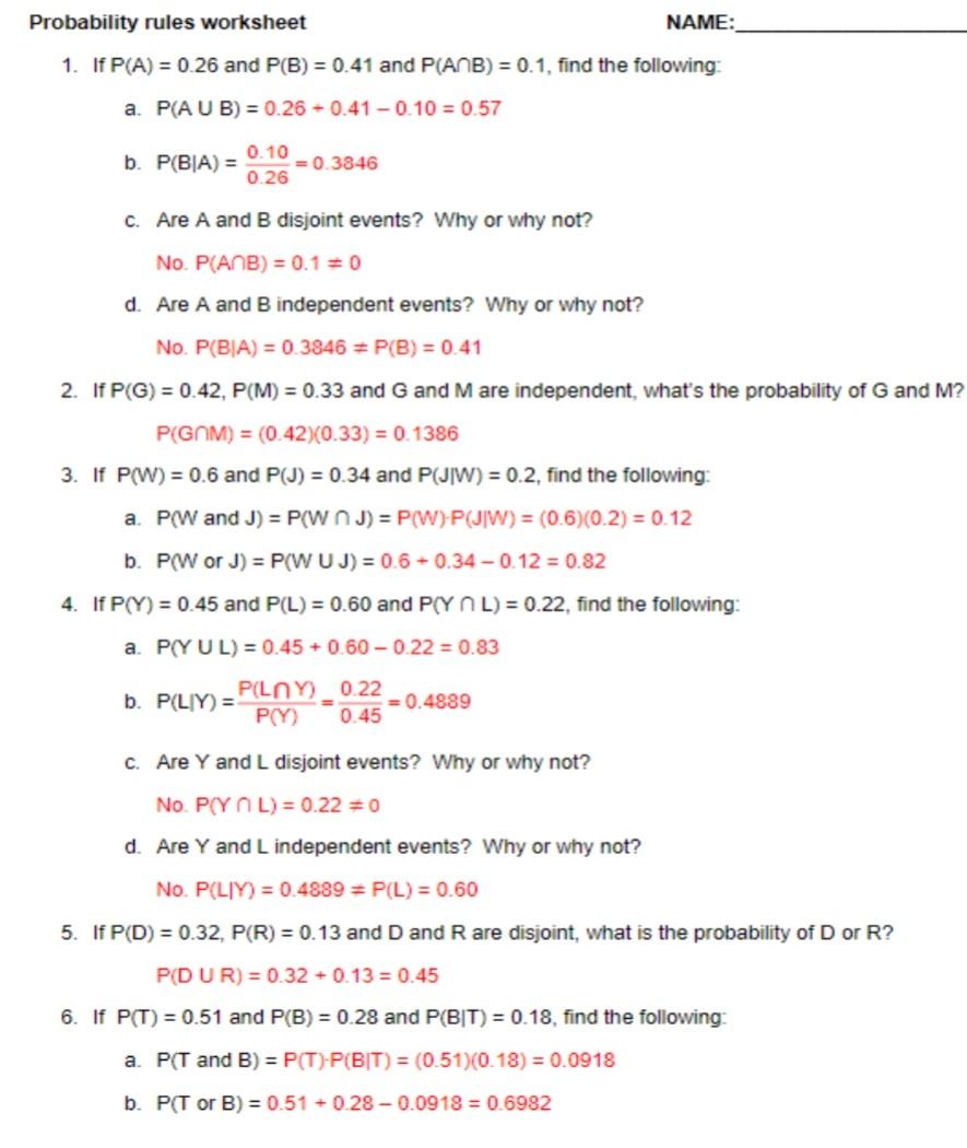Solved Probability Rules Worksheet Name 1 If P A 0 2 Chegg Com
