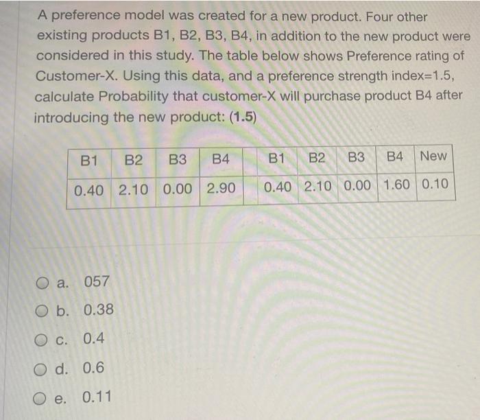 Solved A preference model was created for a new product. | Chegg.com