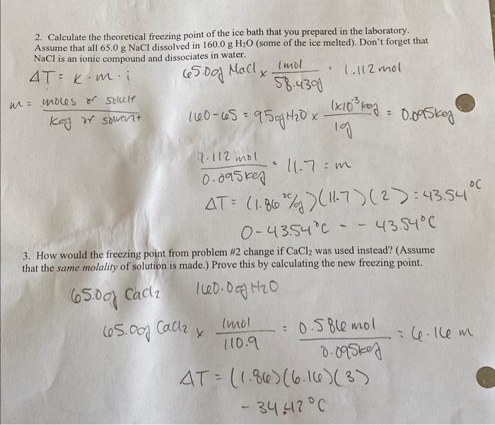 Solved 2 Calculate The Theoretical Freezing Point Of The Chegg Com