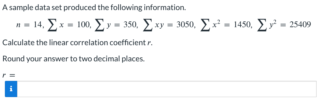 Solved A sample data set produced the following | Chegg.com
