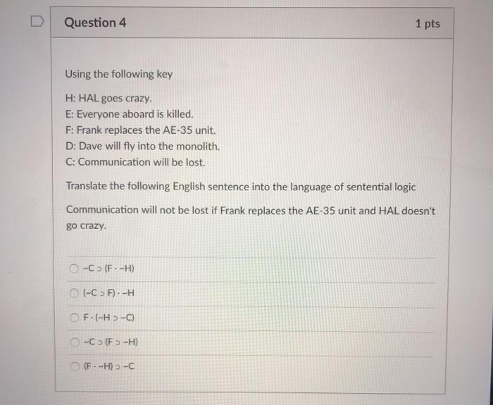 Solved Question 4 1 Pts Using The Following Key H Hal Go Chegg Com