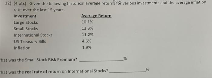 Solved 12) (4 pts) Given the following historical average | Chegg.com