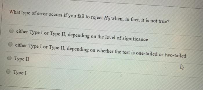 Solved What type of error occurs if you fail to reject Ho | Chegg.com