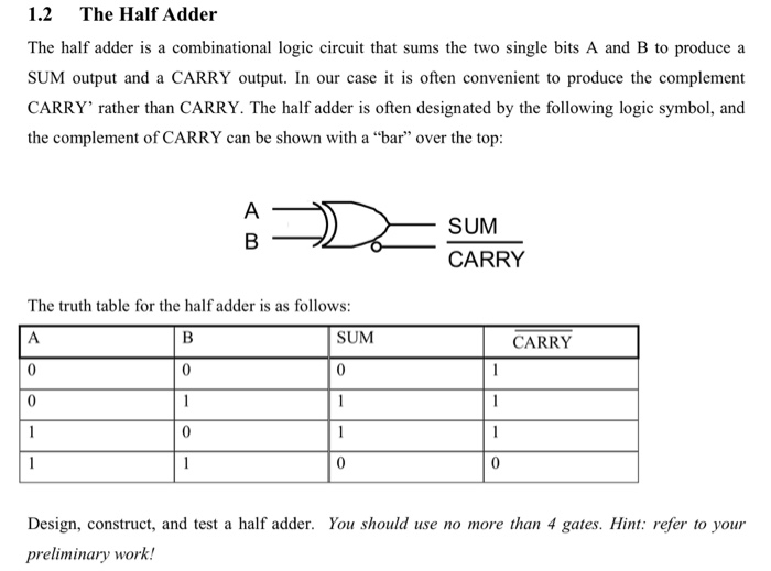 Solved 1.2 The Half Adder The half adder is a combinational | Chegg.com