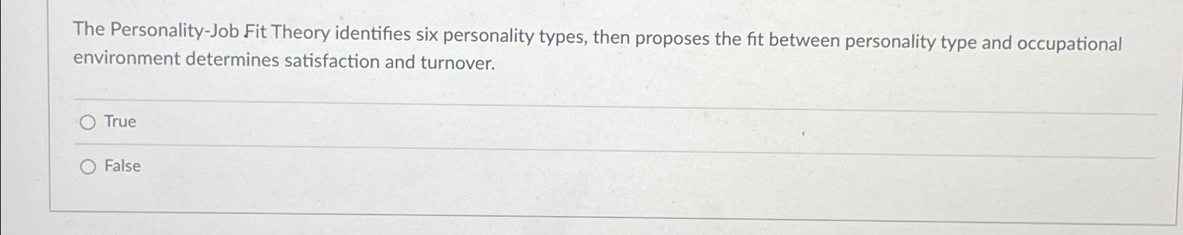 Solved The Personality-Job Fit Theory identifies six | Chegg.com