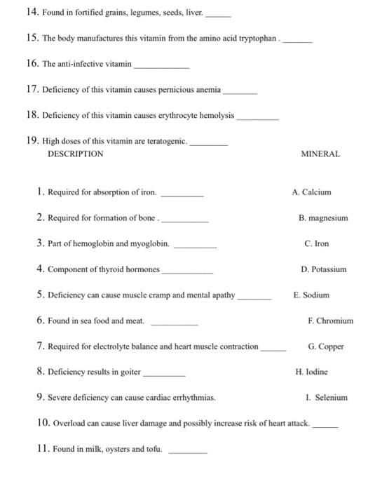 Solved VITAMIN AND MINERALS WORKSHEET. MATCH THE LETTER FOR