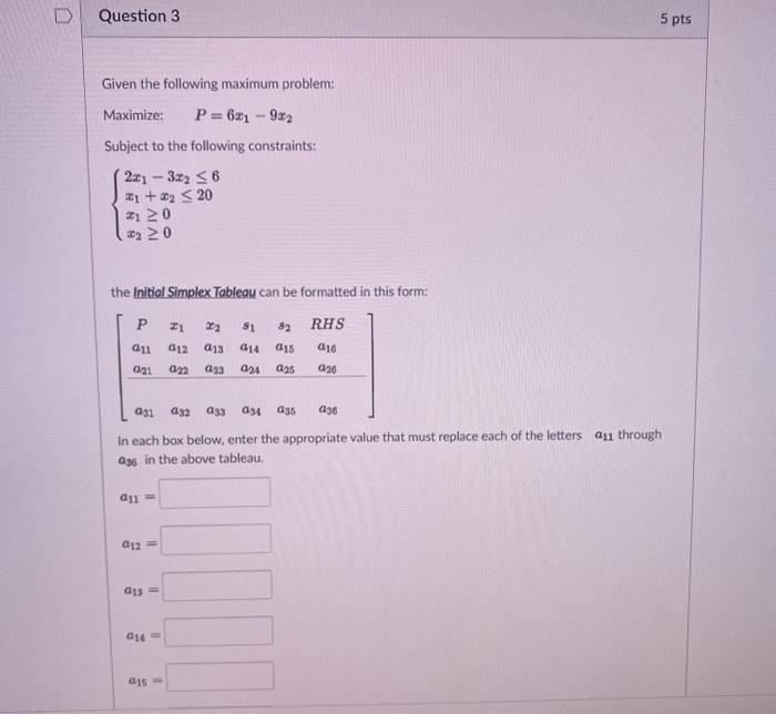 Solved Question 3 5 pts Given the following maximum problem: | Chegg.com