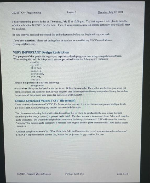 Solved CSC237 C++ Programming Project 3 Dec date: July 22, | Chegg.com
