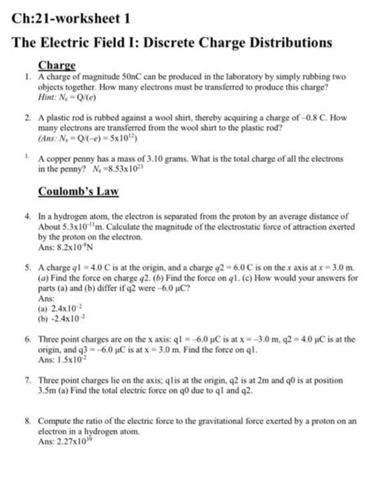 Solved Ch:21-worksheet 1 The Electric Field I: Discrete | Chegg.com