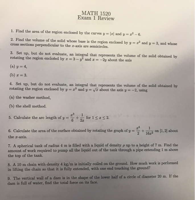 Solved MATH 1520 Exam 1 Review 1. Find the area of the | Chegg.com