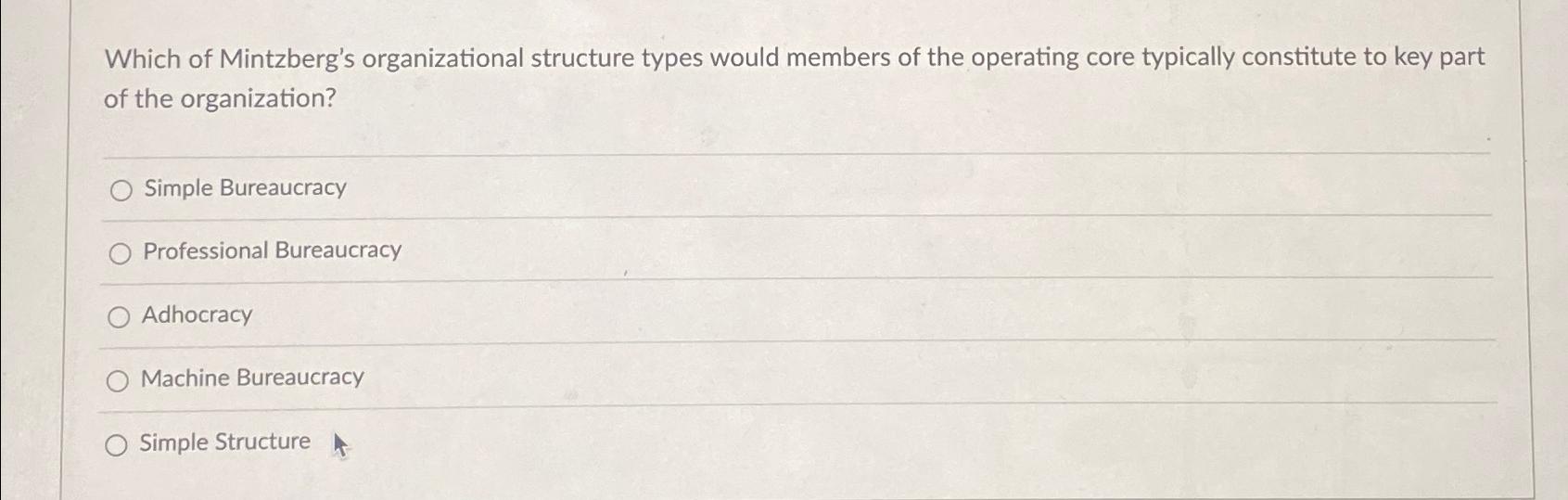 Solved Which of Mintzberg's organizational structure types | Chegg.com