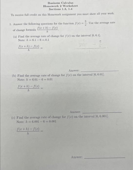 Solved Business Calculus Homework 2 Worksheet Sections 1.3, | Chegg.com