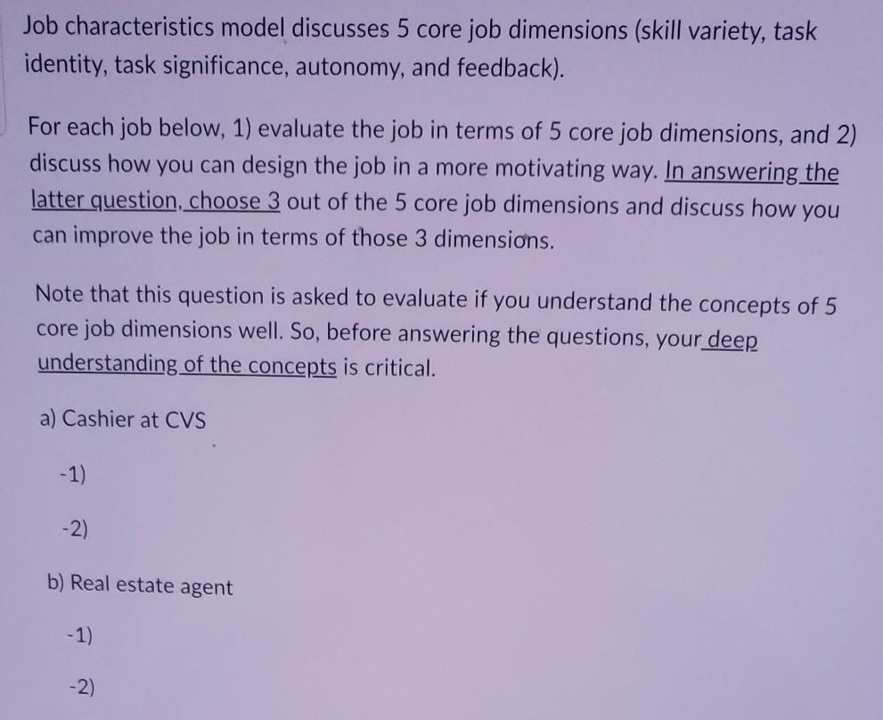 Solved Job characteristics model discusses 5 core job | Chegg.com