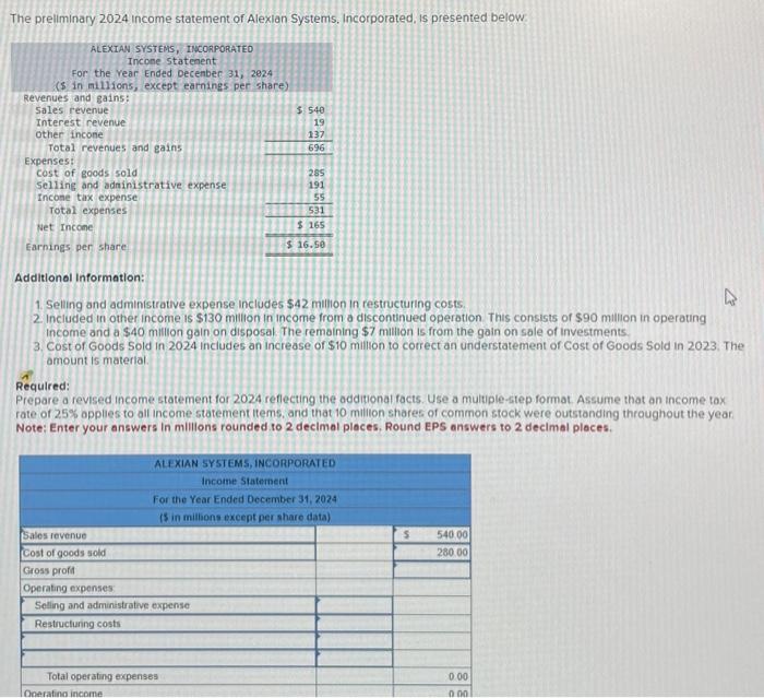 Solved The Preliminary 2024 Income Statement Of Alexian Chegg Com   Image