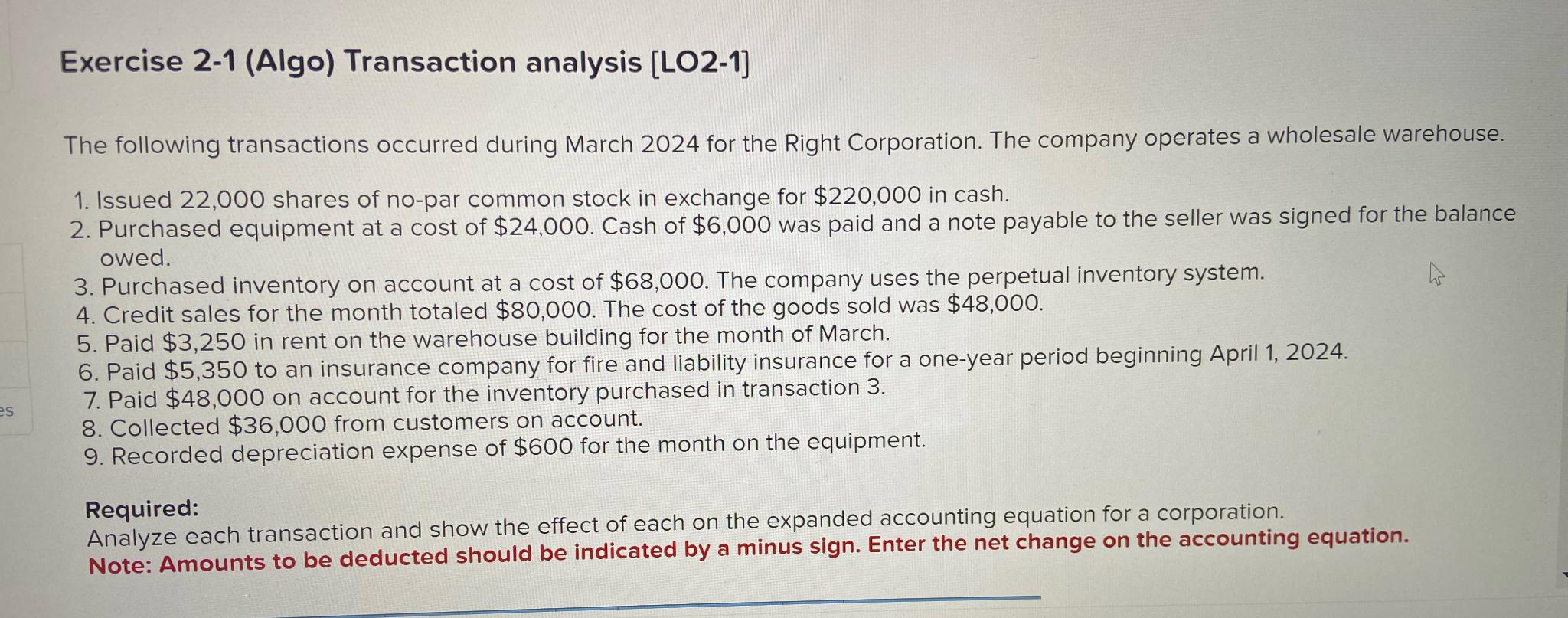 Solved Exercise 2-1 (Algo) ﻿Transaction analysis [LO2-1]The | Chegg.com