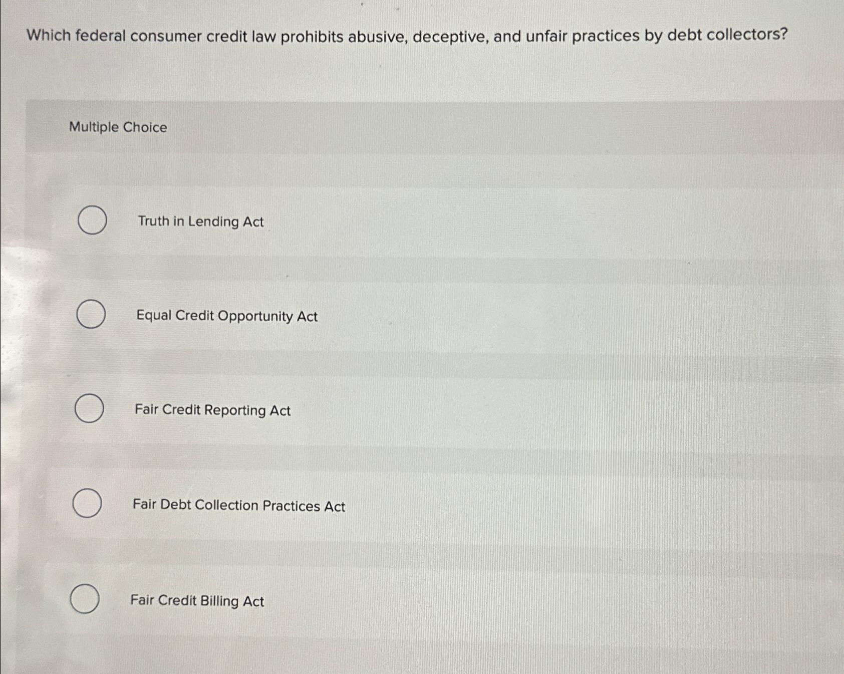 Solved Which Federal Consumer Credit Law Prohibits Abusive, | Chegg.com