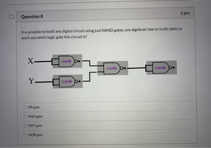 Question 8 1 pts It is possible to build any digital circuit using just NAND gates, use algebraic law or truth table to work