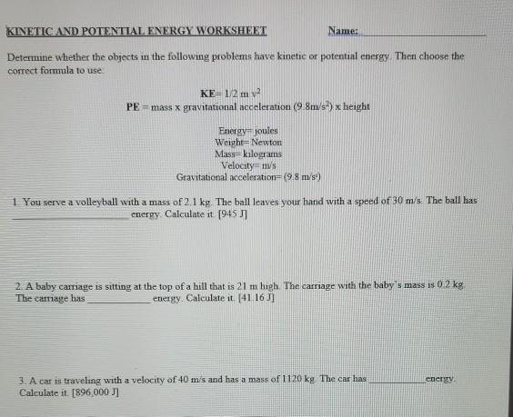 Speed, Potential Energy, Kinetic Energy Printable