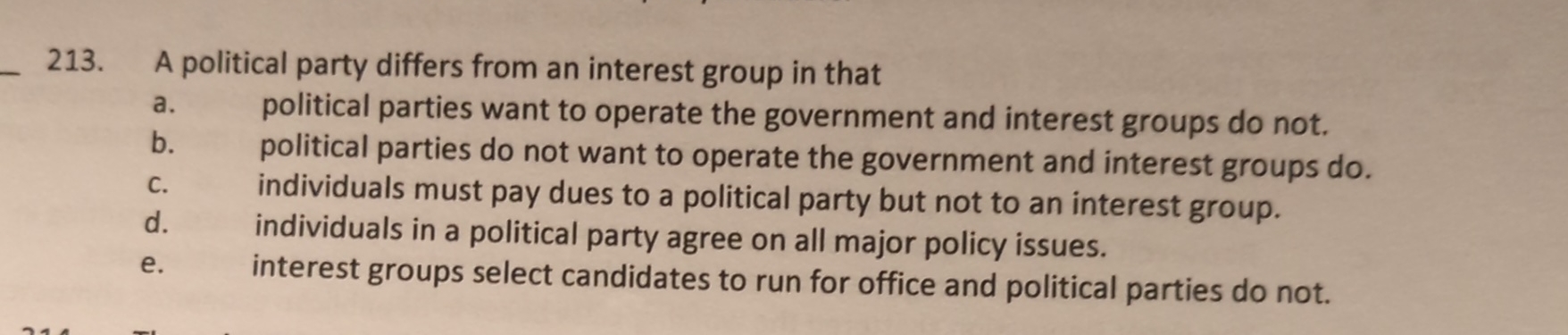 Solved A political party differs from an interest group in | Chegg.com