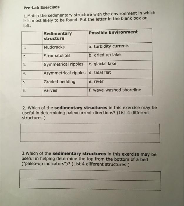 Solved Pre-Lab Exercises 1.Match The Sedimentary Structure | Chegg.com