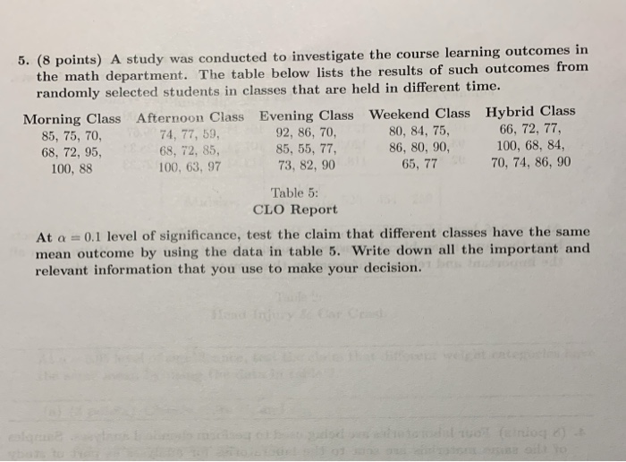 Solved 5. (8 points) A study was conducted to investigate | Chegg.com
