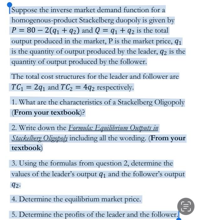 Solved Suppose the inverse market demand function for