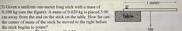 Solved (3) Given a uniform one-meter long stick with a mass | Chegg.com
