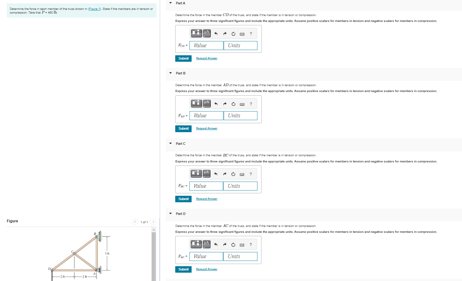 Solved Determine the force in each member of the truss shown | Chegg.com