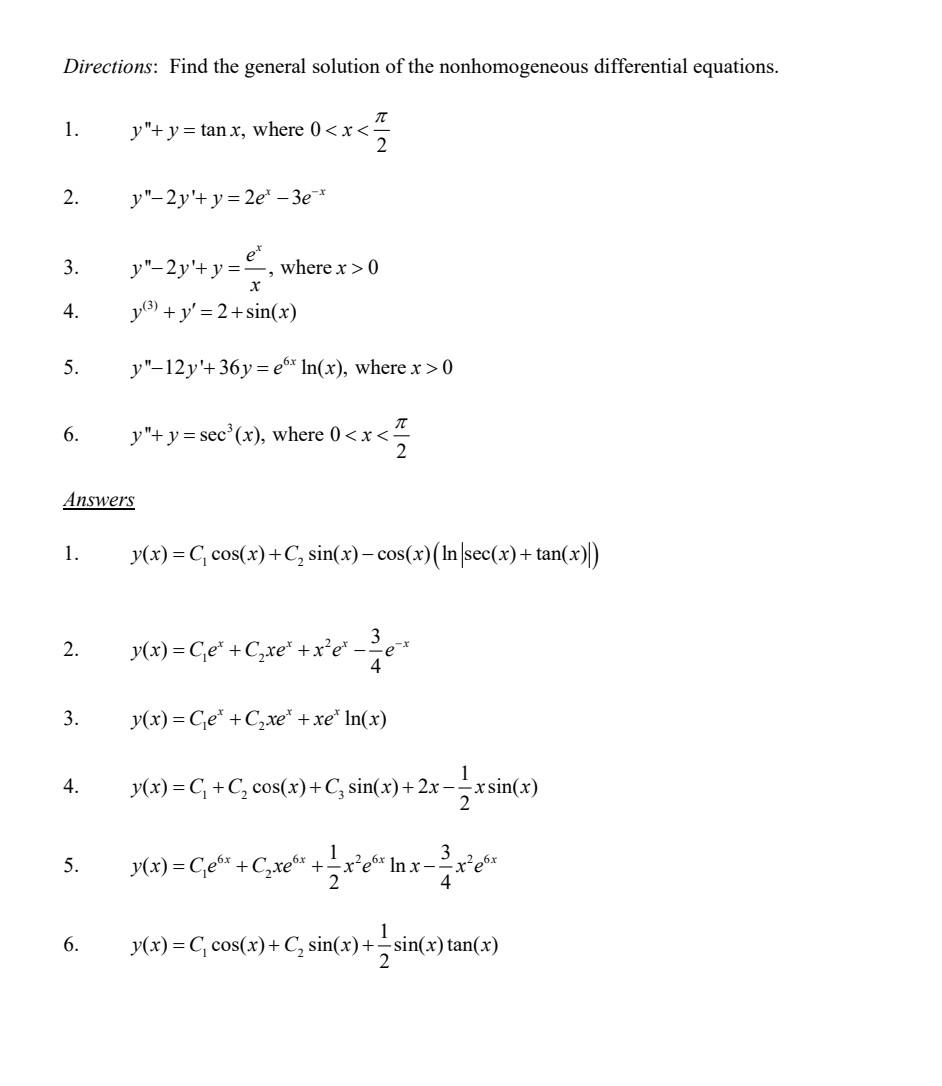 Solved Directions: Find the general solution of the | Chegg.com