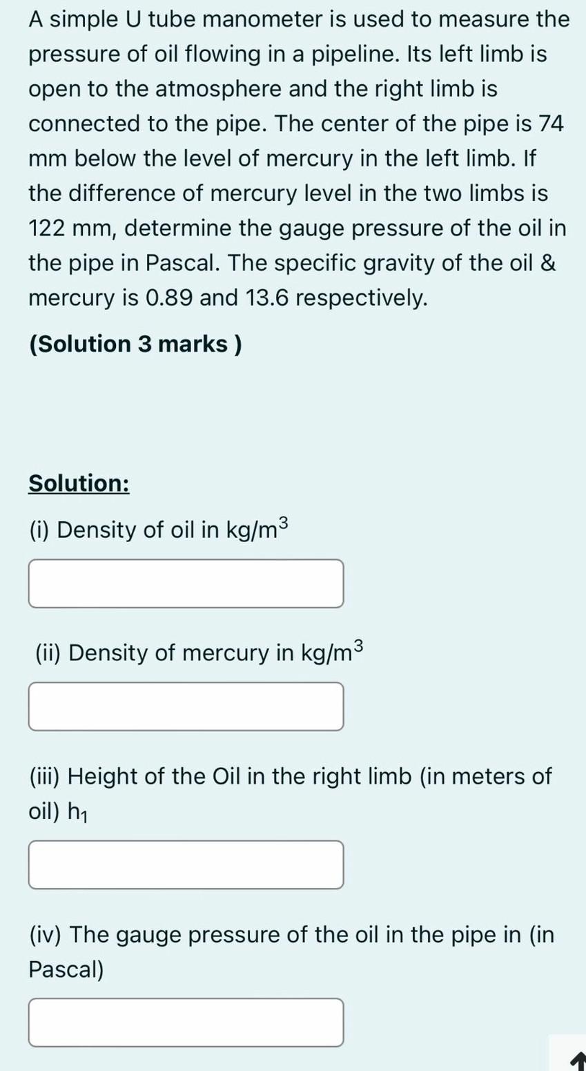 Solved A Simple U Tube Manometer Is Used To Measure The | Chegg.com