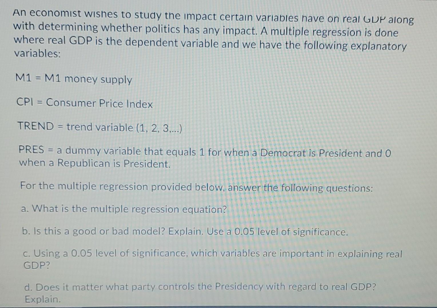 Solved An economist wishes to study the impact certain | Chegg.com
