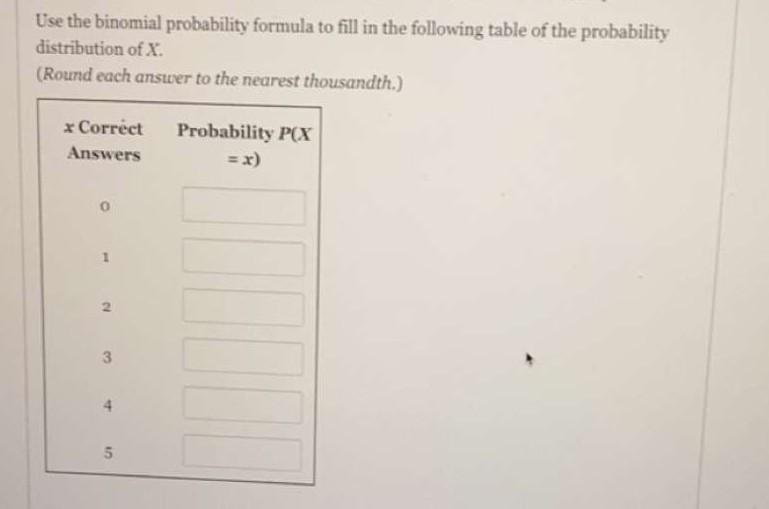 Use the binomial probability formula to fill in the following table of the probability distribution of \( X \).
(Round each a