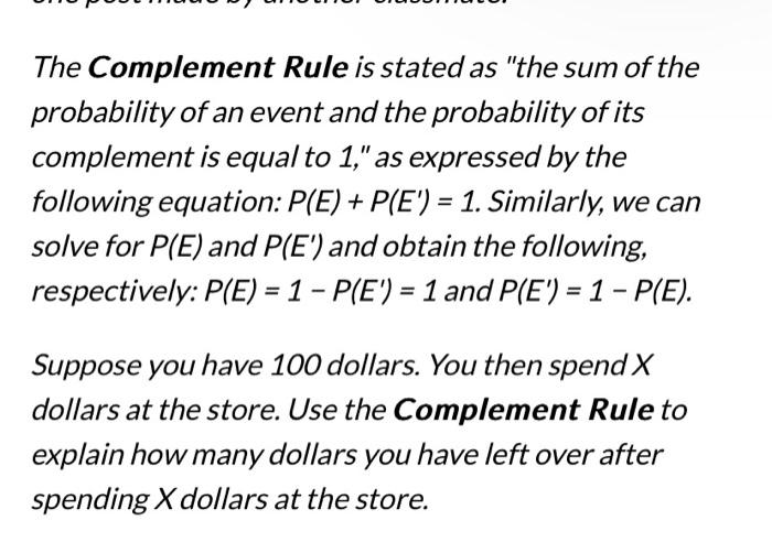 Solved The Complement Rule is stated as 