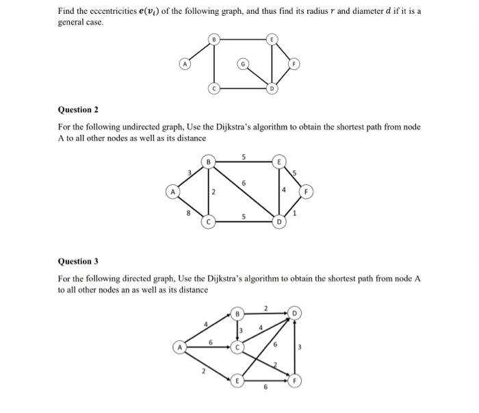 Solved Find the eccentricities e(vi) of the following graph, | Chegg.com