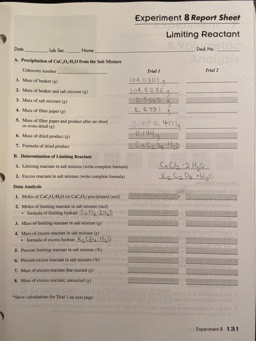 Solved Experiment 8 Report Sheet Limiting Reactant Vo Desk | Chegg.com
