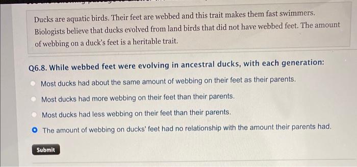 Ducks are aquatic birds. Their feet are webbed and this trait makes them fast swimmers. Biologists believe that ducks evolved