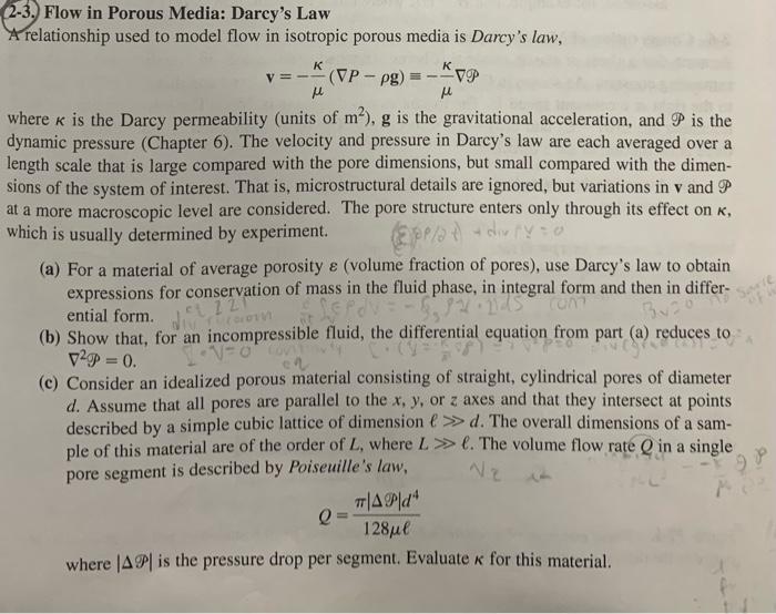 Solved 2-3. Flow in Porous Media: Darcy's Law A relationship | Chegg.com