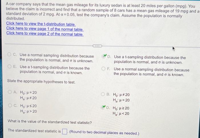 Solved A car company says that the mean gas mileage for its | Chegg.com