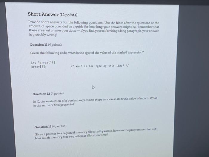 Solved Short Answer (12 points) Provide short answers for | Chegg.com