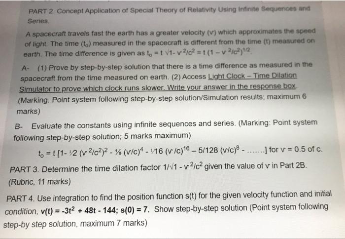 Solved PART 2. Concept Application Of Special Theory Of | Chegg.com