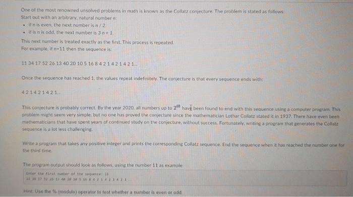 Solved Oige of the most renowned unsolved problems in math | Chegg.com
