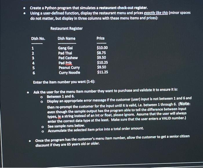 Create a Python program that simulates a restaurant | Chegg.com