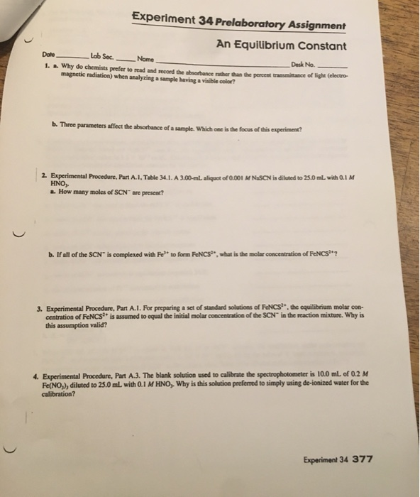 Solved Experiment 34 Prelaboratory Assignment An Equilibrium | Chegg.com