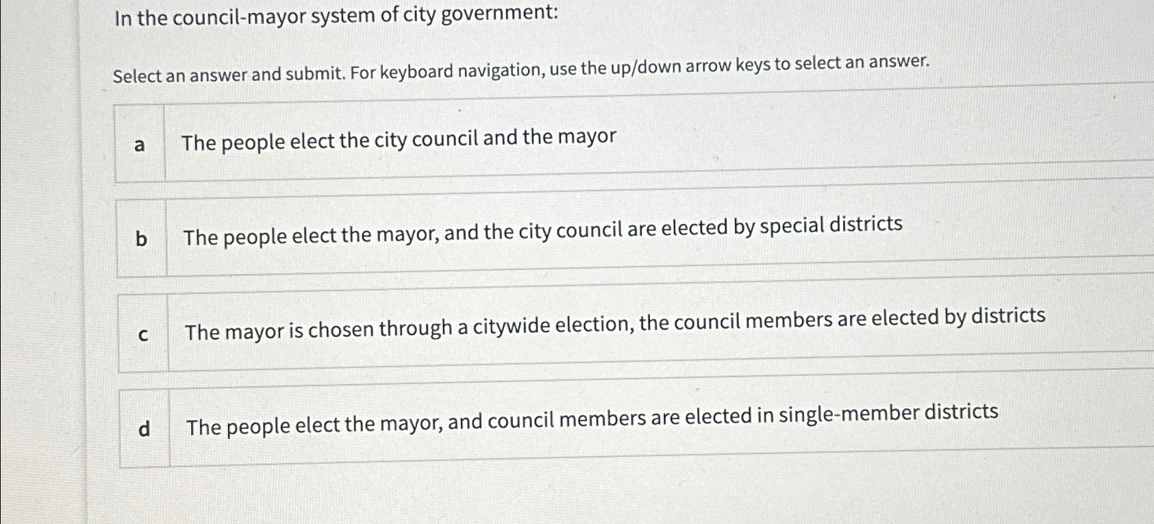 Solved In the council-mayor system of city government:Select | Chegg.com