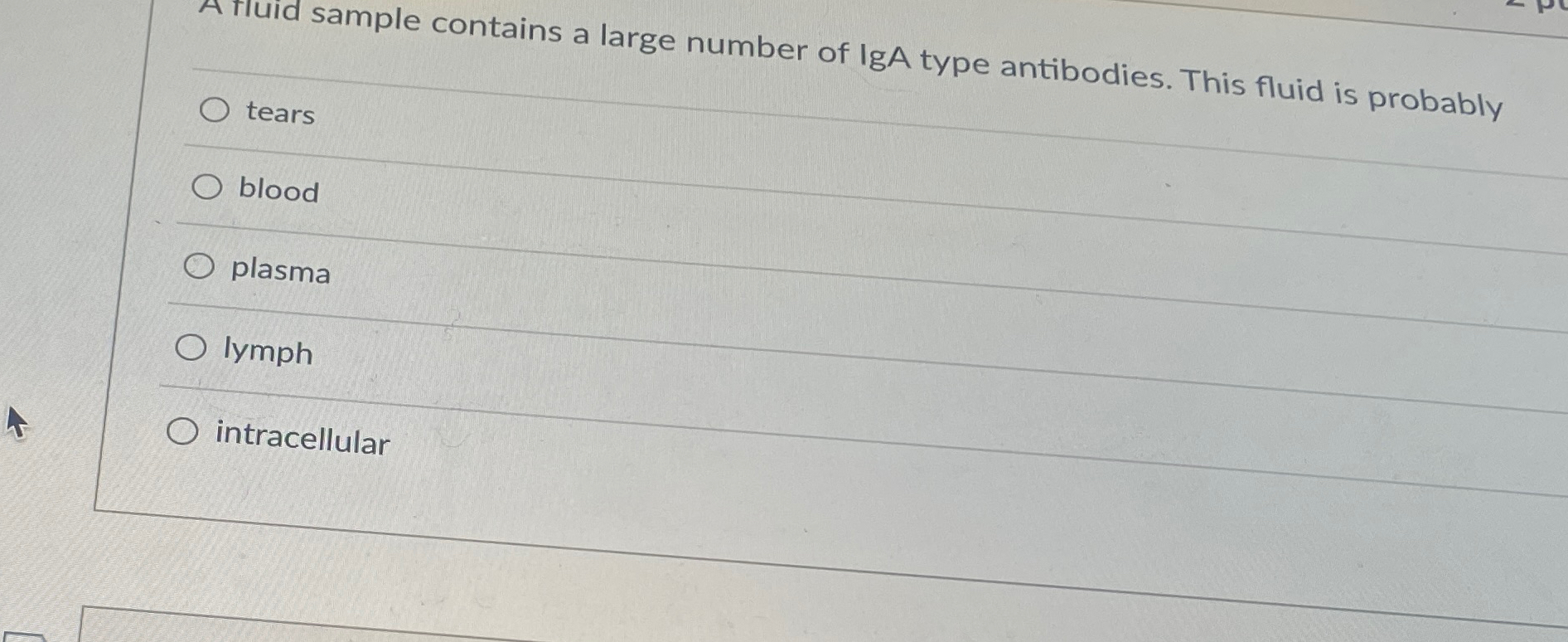 Solved Aly contains a large number of lgA type antibodies. | Chegg.com