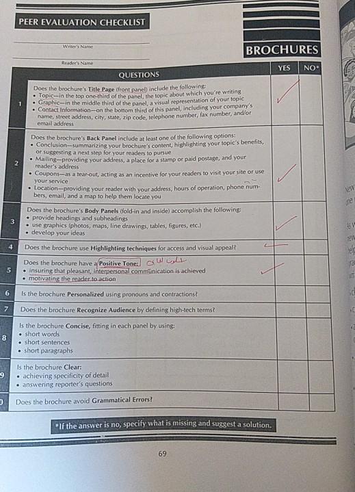 Solved Peer Evaluation Checklist Writer S Name Brochures