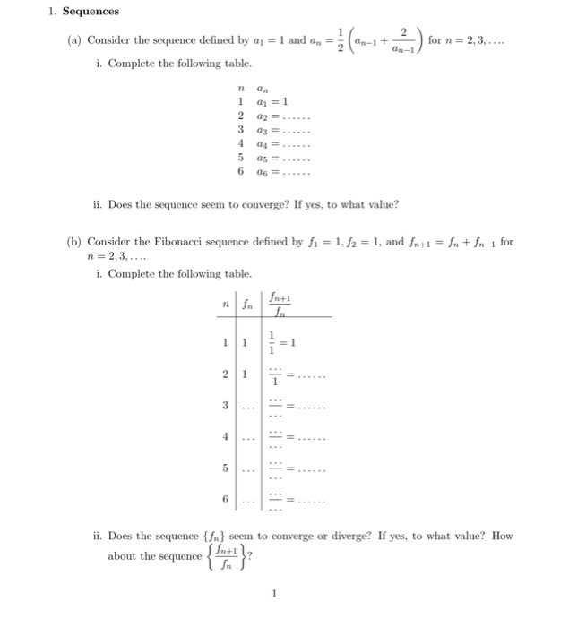 Solved 1. Sequences 2 0-1 + for n = 2,3,... (a) Consider the | Chegg.com