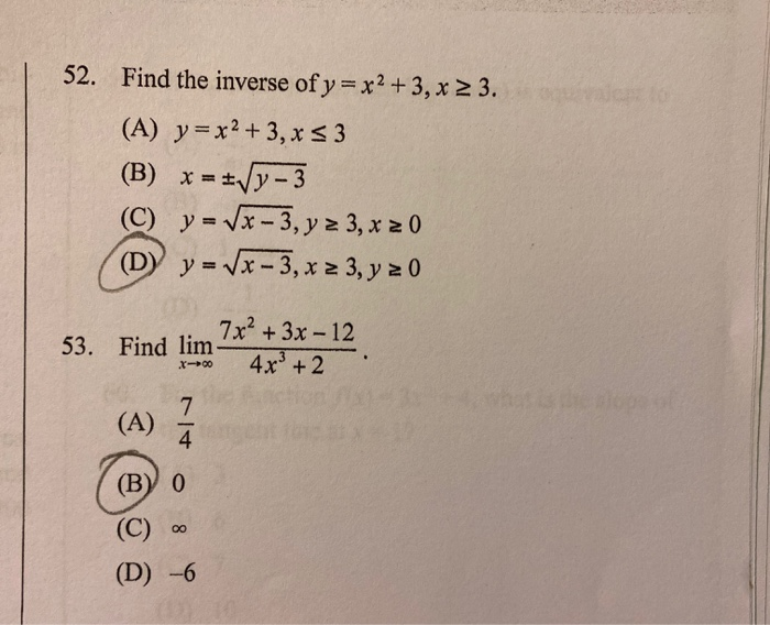 Solved 52 Find The Inverse Of Y X2 3 X 2 3 A Y Chegg Com