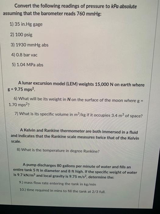 Solved Convert the following readings of pressure to kPa